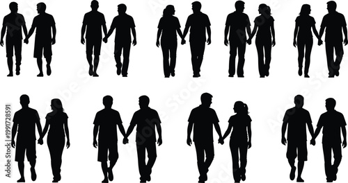 Couple silhouettes walking hand in hand, love, relationship and togetherness concept, romantic partners, casual lifestyle, human connection illustration set isolated