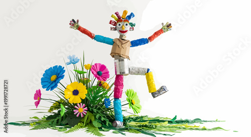 Colorful scarecrow with flowers, garden decoration