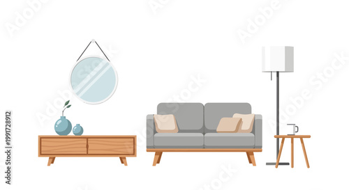 Mid-century modern living room furniture set illustration