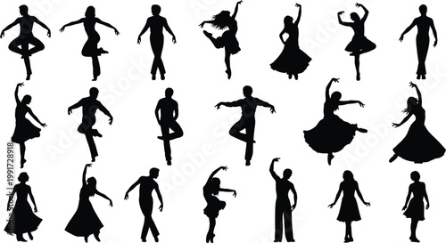 Dance silhouettes collection with men and women performing ballet and modern dance poses, artistic movement, grace, performance and choreography illustration set isolated