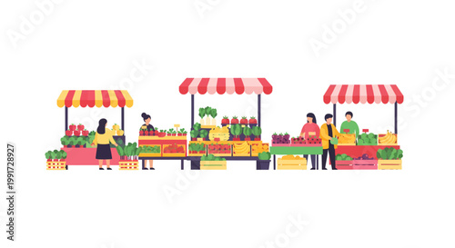 Vibrant street food market stalls with colorful produce and people