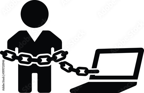 Cyber security concept showing user chained to laptop, data protection risk, digital addiction, online restriction, hacking threat, privacy breach, technology dependence illustration