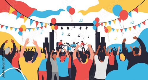 people celebrating with raised hands at a colorful festival party