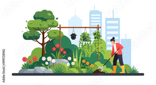 person gardening in urban garden with cityscape background