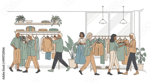 People shopping in a clothing store, fashion retail environment