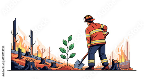 A dedicated firefighter plants a new sapling amidst the scorched aftermath of a forest fire, symbolizing hope, reforestation, and environmental renewal after ecological devastation