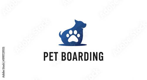 Blue Pet Boarding Logo Featuring Dog Silhouette and Paw Print.