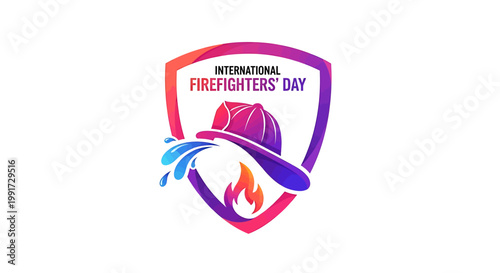Vibrant graphic design recognizing brave fire rescue professionals and emergency services, featuring a stylized helmet, water spray, and flame within a protective shield symbol