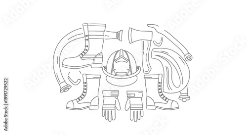 Collection of firefighter equipment including helmet, boots, gloves, and axes forming a circular outline on a white background
