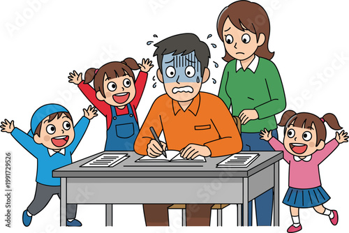 Cartoon Illustration of a Stressed Parent with Kids Playfully Interrupting While Working at a Desk