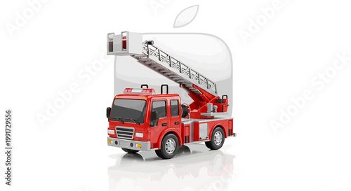 Fire truck with ladder extending from a white background representing an apple logo, symbolising emergency services for technology