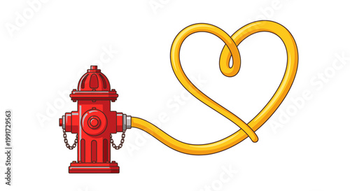 Vibrant red fire hydrant with a golden yellow hose forming a beautiful heart shape, symbolizing protection, care, and safety in a delightful cartoon style