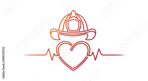 Vibrant graphic illustration symbolizing the heroic dedication and vital role of firefighters, combining a classic helmet with a dynamic heart and heartbeat line