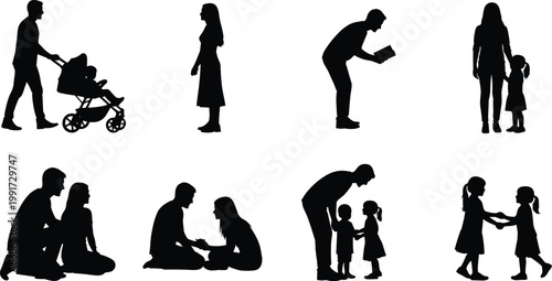 Family parenting silhouettes set, father, mother and children interaction scenes, stroller walking, teaching and bonding moments, black shadow figures, lifestyle concept illustration
