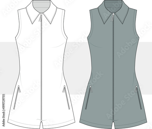 Women relaxed fit jumpsuit with shirt neck and zipper  sleeveless fashion technical drawing, illustration. Beachwear, homewear flat sketch, vector. Cad, Mockup.