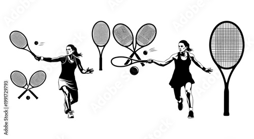 Elegant Tennis Players in Dynamic Action Minimalist Vector Art