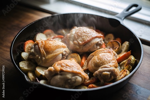Delicious Golden Brown Chicken Steak Sizzling in Cast Iron Skillet