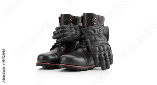 Durable black leather ankle boots and protective riding gloves, featuring vibrant red accent stitching, isolated on a stark white background