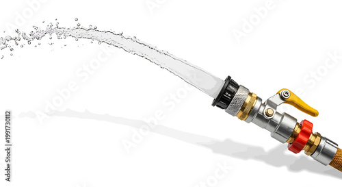 Close-up of a Water Hose Sprayer with a Strong Stream of Water Shooting Outwards