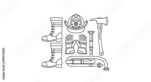 Firefighter safety equipment illustration helmet, boots, gloves, and axe, depicting emergency response and protection