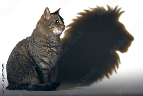 Studio photography, a small domestic cat sitting in profile with shadow of lion