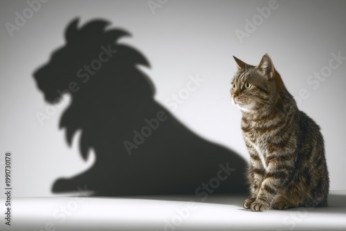 Studio photography, a small domestic cat sitting in profile with shadow of lion