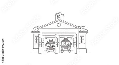 Line art illustration of a classic fire station building with two fire trucks parked inside the open bays