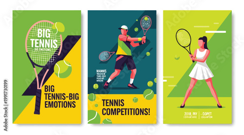 Set of tennis posters with flat vector illustrations of players and equipment sport themes for competitions and events with rackets, balls, and athletes in bright green and yellow
