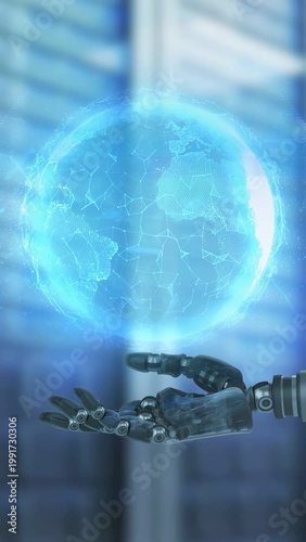 Vertical video: Robotic hand entering, projecting hologram globe, aligning nodes for lab, fading