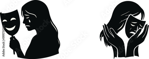 Hiding Mental Struggles: Silhouette Profile with Smiling Mask vs. Sad FaceHiding Mental Struggles: Silhouette Profile with Smiling Mask vs. Sad Face