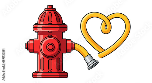 Red Fire Hydrant with a Hose Shaped Like a Heart, Symbolizing Love and Safety