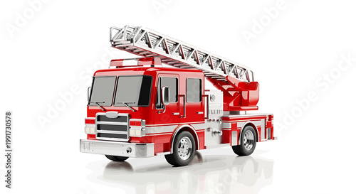 A bright red fire engine with an extended ladder, symbolizing emergency response and rescue services, is presented in a studio setting against a clean white background