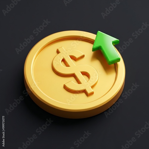 A large gold coin featuring a dollar sign with an upward green arrow