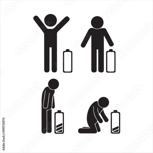 Isolated pictogram of man walking tired fatigue sad worker low energy with battery icon
