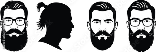 Men face silhouettes and avatars set, bearded hipster styles with mustache and glasses, male profile and front view, black illustration design
