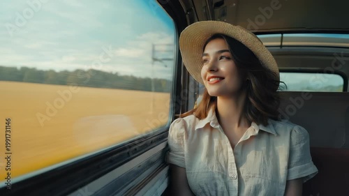 A woman in a linen dress and sun hat smiles as wind moves her hair at an open train window with golden countryside at sunset