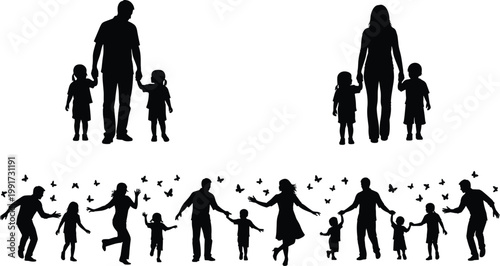 Φωτογραφία Parents with children silhouettes walking and playing together, family love, bon