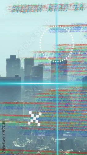 Vertical video: HUD booting and scanning business skyline with cyan crosshair for mapping overlay