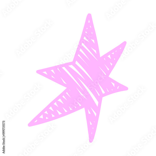 Vector pink star with sketchy internal lines on white background. Playful, hand drawn style perfect for stickers, badges, kids projects, party decorations. Vibrant flat design.