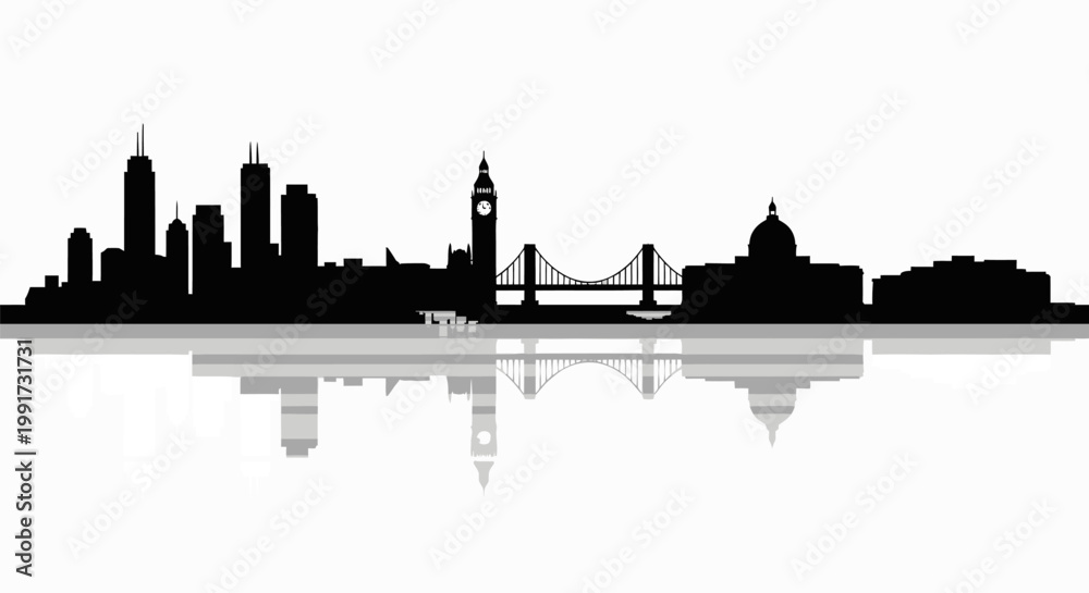 Obraz premium London city skyline silhouette with Thames River reflection.