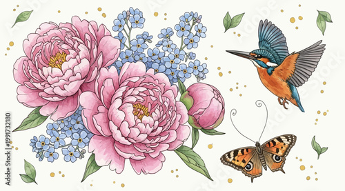 Beautiful floral composition with pink peonies, blue forgetmenots, kingfisher bird and butterfly hand drawn botanical illustration with flowers and wildlife
