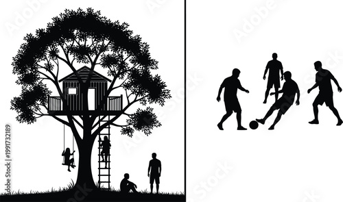 Silhouette of children playing near treehouse and soccer players in action, outdoor lifestyle concept, teamwork, leisure activity, nature scene, black and white illustration