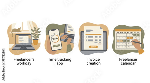 Freelancer remote work illustrations: home office desk, time tracking, invoicing, and monthly planning calendar.