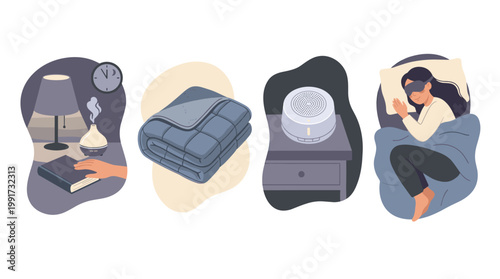 Healthy sleep hygiene vector icons: aromatherapy diffuser, weighted blanket, noise machine, and person asleep