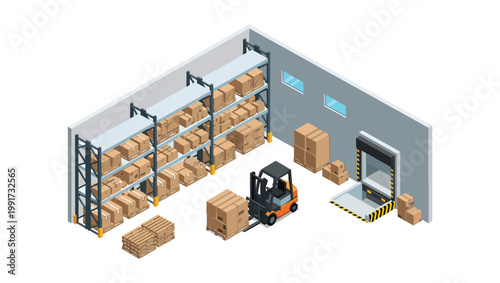 Isometric warehouse interior with shelves, boxes and forklift, storage and logistics vector illustration