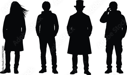 Silhouettes of diverse people standing in line, anonymous figures, individuality concept, fashion styles, human profiles, social diversity, minimalistic black shadow illustration