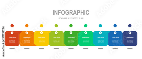 For business concept with 9 steps infographics, multi color shape with label, design for workflow layout, diagram, annual report, web design. vector illustration