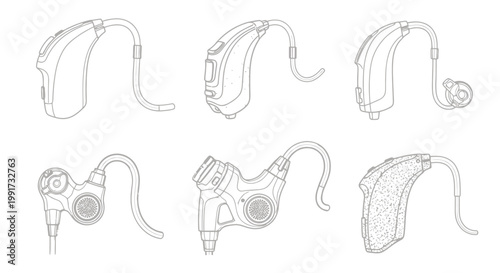 Line art illustration of various hearing aid styles and components