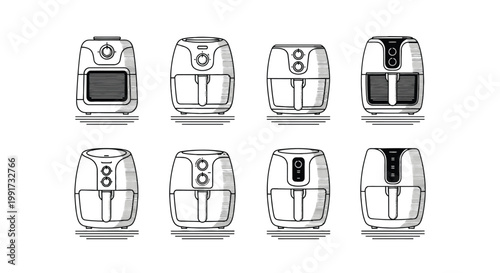 Collection of modern coffee grinders in silver and black tones