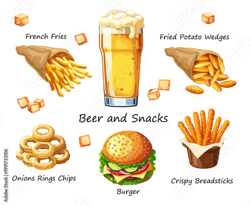 Variety of snacks served with beer. Vector illustration in EPS 10 format